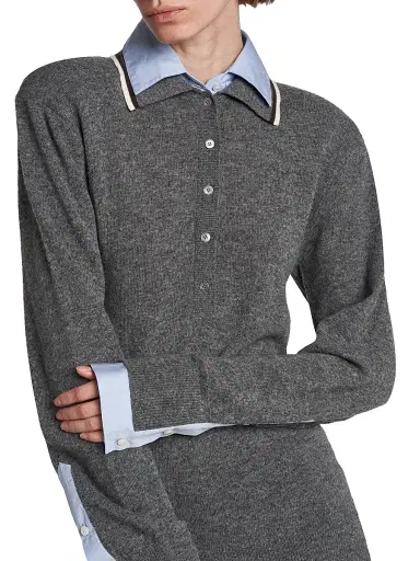 Stella McCartney Women's Mix Knit And Shirting Polo Shirt - Grey Melange | Thumbnail 6 Stella McCartney Women's Mix Knit And Shirting Polo Shirt - Grey Melange | Thumbnail 6