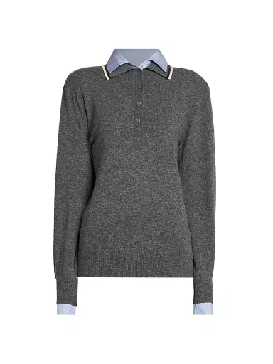 Stella McCartney Women's Mix Knit And Shirting Polo Shirt - Grey Melange | Thumbnail 1 Stella McCartney Women's Mix Knit And Shirting Polo Shirt - Grey Melange | Thumbnail 1