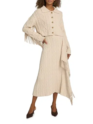 SIMKHAI Women's Virginia Cotton-Blend Cable-Knit Crop Cardigan - Sand | Thumbnail 2 SIMKHAI Women's Virginia Cotton-Blend Cable-Knit Crop Cardigan - Sand | Thumbnail 2