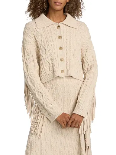 SIMKHAI Women's Virginia Cotton-Blend Cable-Knit Crop Cardigan - Sand | Thumbnail 3 SIMKHAI Women's Virginia Cotton-Blend Cable-Knit Crop Cardigan - Sand | Thumbnail 3
