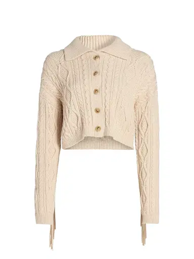 SIMKHAI Women's Virginia Cotton-Blend Cable-Knit Crop Cardigan - Sand | Thumbnail 1 SIMKHAI Women's Virginia Cotton-Blend Cable-Knit Crop Cardigan - Sand | Thumbnail 1
