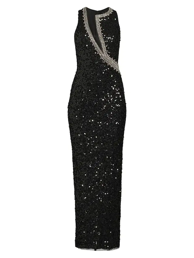 Women's Embellished Mesh-Inset Sequined Gown - Black Women's Embellished Mesh-Inset Sequined Gown - Black