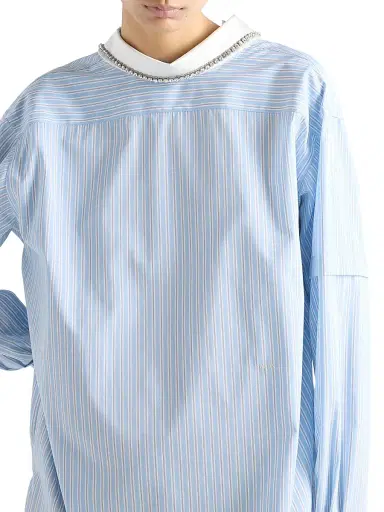 Prada Women's Embroidered Striped Poplin Top - Blue | Thumbnail 4 Prada Women's Embroidered Striped Poplin Top - Blue | Thumbnail 4