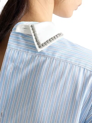 Prada Women's Embroidered Striped Poplin Top - Blue | Thumbnail 6 Prada Women's Embroidered Striped Poplin Top - Blue | Thumbnail 6