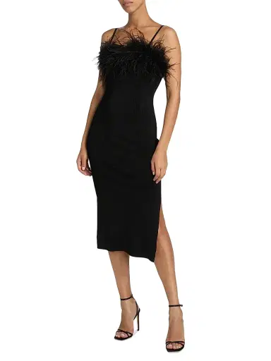 Milly Women's Robena Feather-Trimmed Ribbed Midi-Dress | Thumbnail 2 Milly Women's Robena Feather-Trimmed Ribbed Midi-Dress | Thumbnail 2