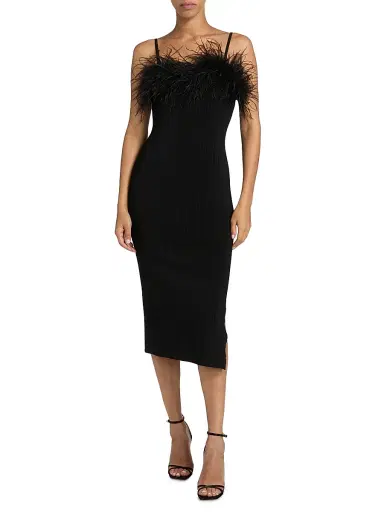 Milly Women's Robena Feather-Trimmed Ribbed Midi-Dress | Thumbnail 3 Milly Women's Robena Feather-Trimmed Ribbed Midi-Dress | Thumbnail 3