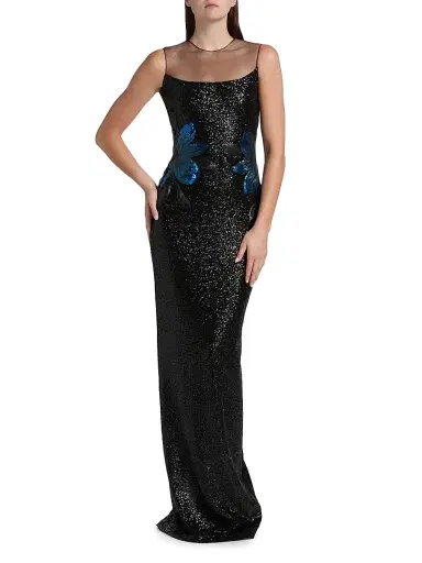 Naeem Khan Women's Floral Appliqué & Sequined Illusion Stretch Column Gown - Black Navy | Thumbnail 2 Naeem Khan Women's Floral Appliqué & Sequined Illusion Stretch Column Gown - Black Navy | Thumbnail 2