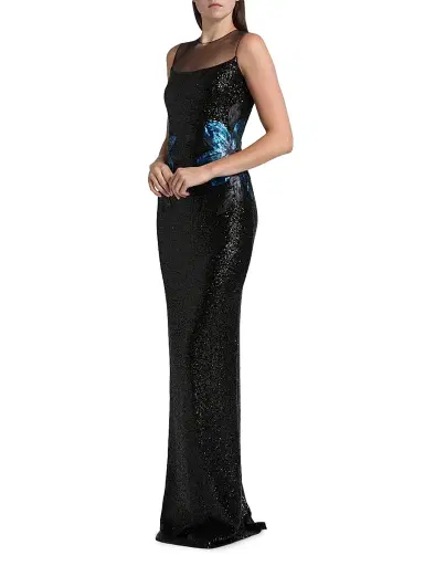 Naeem Khan Women's Floral Appliqué & Sequined Illusion Stretch Column Gown - Black Navy | Thumbnail 4 Naeem Khan Women's Floral Appliqué & Sequined Illusion Stretch Column Gown - Black Navy | Thumbnail 4