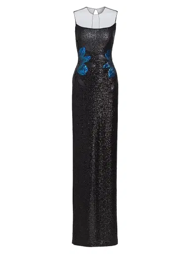 Naeem Khan Women's Floral Appliqué & Sequined Illusion Stretch Column Gown - Black Navy | Thumbnail 1 Naeem Khan Women's Floral Appliqué & Sequined Illusion Stretch Column Gown - Black Navy | Thumbnail 1