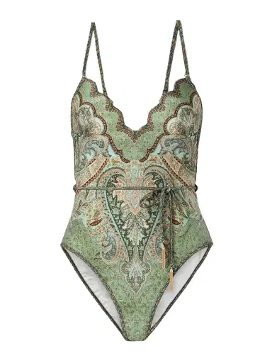 Zimmermann Wanderlust Belted Embellished Scalloped Printed Swimsuit | Thumbnail 1 Zimmermann Wanderlust Belted Embellished Scalloped Printed Swimsuit | Thumbnail 1
