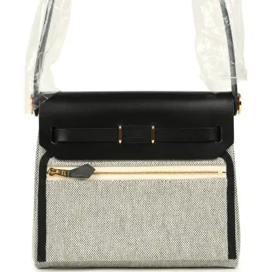 HERMÈS Hermes Herbag Zip 20 Mini Ecru and Black Toile H Canvas and Black Vache Hunter Gold Hardware | Thumbnail 4 HERMÈS Hermes Herbag Zip 20 Mini Ecru and Black Toile H Canvas and Black Vache Hunter Gold Hardware | Thumbnail 4