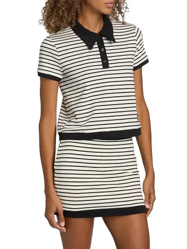 SIMKHAI Women's Cullen Striped Stretch Cotton-Blend Polo Shirt - White Stripe | Thumbnail 4 SIMKHAI Women's Cullen Striped Stretch Cotton-Blend Polo Shirt - White Stripe | Thumbnail 4