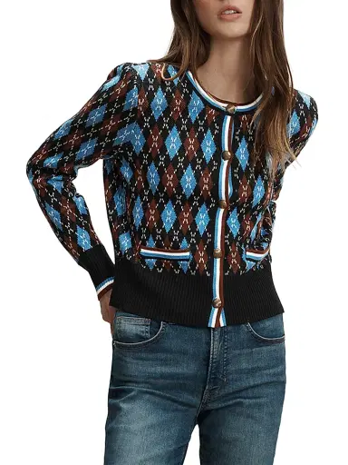 Veronica Beard Women's Sylvane Argyle Wool-Cotton Cardigan - Black Multi | Thumbnail 3 Veronica Beard Women's Sylvane Argyle Wool-Cotton Cardigan - Black Multi | Thumbnail 3