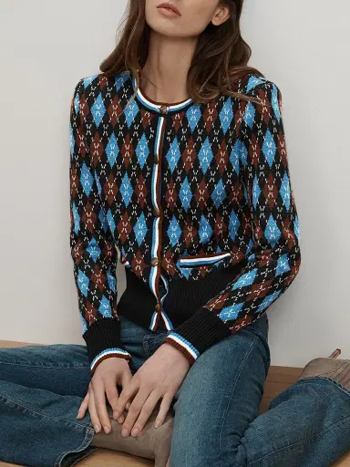 Veronica Beard Women's Sylvane Argyle Wool-Cotton Cardigan - Black Multi | Thumbnail 5 Veronica Beard Women's Sylvane Argyle Wool-Cotton Cardigan - Black Multi | Thumbnail 5