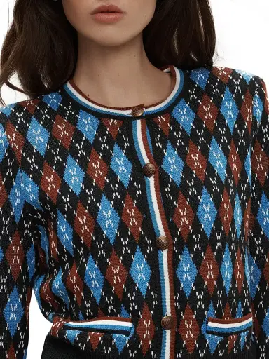 Veronica Beard Women's Sylvane Argyle Wool-Cotton Cardigan - Black Multi | Thumbnail 6 Veronica Beard Women's Sylvane Argyle Wool-Cotton Cardigan - Black Multi | Thumbnail 6