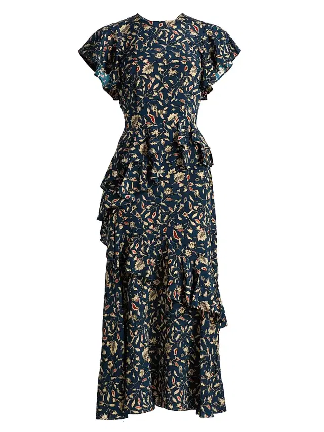 Women's Amaia Printed Ruffled Midi-Dress - Midnight Garden Women's Amaia Printed Ruffled Midi-Dress - Midnight Garden