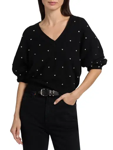 Ronny Kobo Women's Corin Crystal-Embellished V-Neck Sweater - Black | Thumbnail 3 Ronny Kobo Women's Corin Crystal-Embellished V-Neck Sweater - Black | Thumbnail 3
