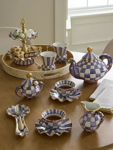MacKenzie-Childs Plum Check Fluted Ceramic Two-Tier Sweet Stand | Thumbnail 3 MacKenzie-Childs Plum Check Fluted Ceramic Two-Tier Sweet Stand | Thumbnail 3