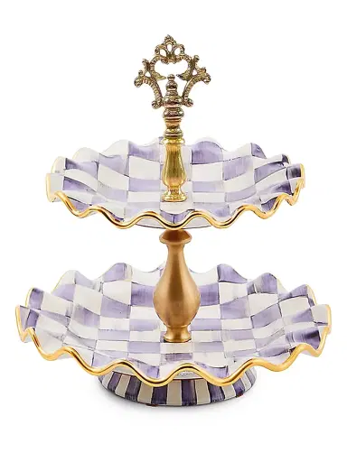 MacKenzie-Childs Plum Check Fluted Ceramic Two-Tier Sweet Stand | Thumbnail 1 MacKenzie-Childs Plum Check Fluted Ceramic Two-Tier Sweet Stand | Thumbnail 1