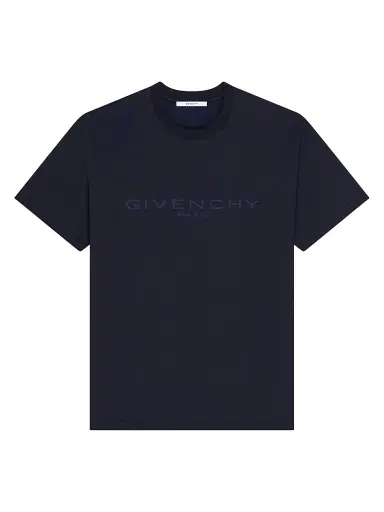 Givenchy Men's T-Shirt in Cotton and Silk with Paris Jacquard - Dark Navy | Thumbnail 1 Givenchy Men's T-Shirt in Cotton and Silk with Paris Jacquard - Dark Navy | Thumbnail 1