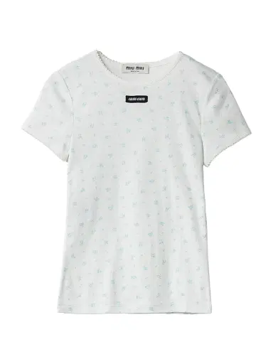 Miu Miu Women's Ribbed Jersey T-Shirt - White | Thumbnail 1 Miu Miu Women's Ribbed Jersey T-Shirt - White | Thumbnail 1