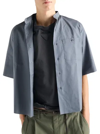 Prada Men's Short-Sleeved Cotton Blend Shirt - Blue | Thumbnail 2 Prada Men's Short-Sleeved Cotton Blend Shirt - Blue | Thumbnail 2