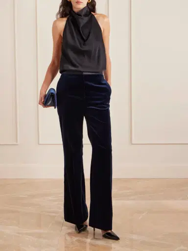 Victoria Beckham Alina Satin-trimmed Cotton-blend Velvet Wide-leg Pants | Thumbnail 2 Victoria Beckham Alina Satin-trimmed Cotton-blend Velvet Wide-leg Pants | Thumbnail 2
