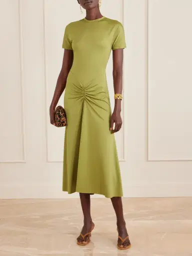 Victoria Beckham Gathered Satin-jersey Midi Dress | Thumbnail 2 Victoria Beckham Gathered Satin-jersey Midi Dress | Thumbnail 2