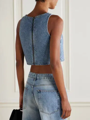 Self-Portrait Cropped Crystal-embellished Denim Top | Thumbnail 3 Self-Portrait Cropped Crystal-embellished Denim Top | Thumbnail 3
