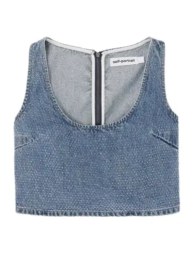 Self-Portrait Cropped Crystal-embellished Denim Top | Thumbnail 1 Self-Portrait Cropped Crystal-embellished Denim Top | Thumbnail 1