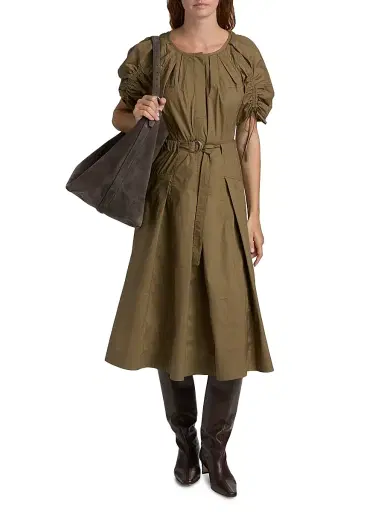 3.1 Phillip Lim Women's Ruched-Sleeve Belted Poplin Cotton Midi-Dress - Caper | Thumbnail 3 3.1 Phillip Lim Women's Ruched-Sleeve Belted Poplin Cotton Midi-Dress - Caper | Thumbnail 3