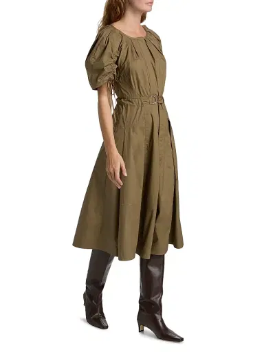3.1 Phillip Lim Women's Ruched-Sleeve Belted Poplin Cotton Midi-Dress - Caper | Thumbnail 4 3.1 Phillip Lim Women's Ruched-Sleeve Belted Poplin Cotton Midi-Dress - Caper | Thumbnail 4