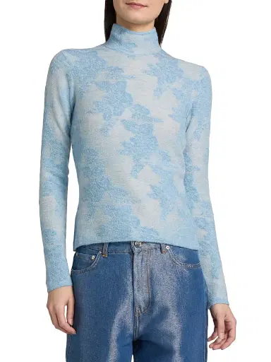Ganni Women's Flower Jacquard Mock Turtleneck Sweater - Blissful Blue | Thumbnail 3 Ganni Women's Flower Jacquard Mock Turtleneck Sweater - Blissful Blue | Thumbnail 3