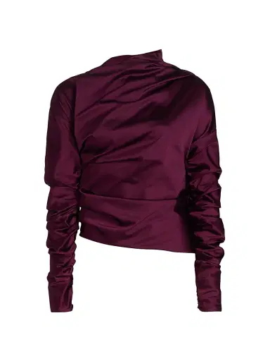 Ganni Women's Technical Stretch Satin Ruched Top - Mauve Wine | Thumbnail 1 Ganni Women's Technical Stretch Satin Ruched Top - Mauve Wine | Thumbnail 1