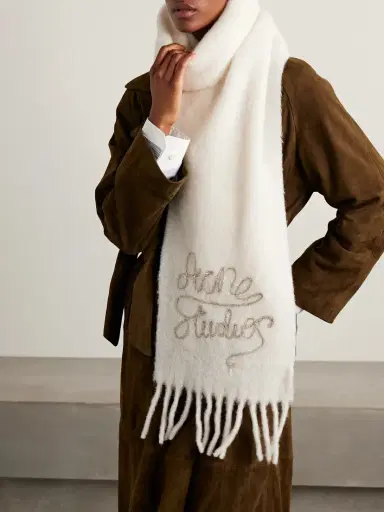 Acne Studios Fringed Metallic Embroidered Knitted Scarf | Thumbnail 2 Acne Studios Fringed Metallic Embroidered Knitted Scarf | Thumbnail 2