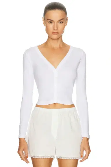 Enza Costa Supima Cotton New Classic V-Neck Cardigan | Thumbnail 1 Enza Costa Supima Cotton New Classic V-Neck Cardigan | Thumbnail 1