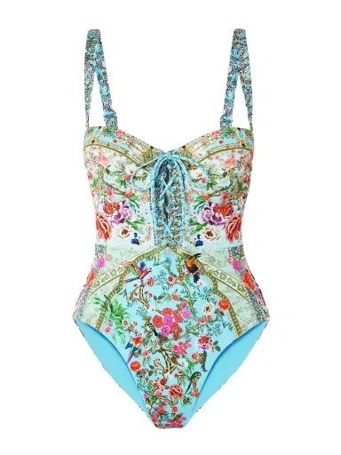Camilla Lace-up Crystal-embellished Printed Recycled Swimsuit | Thumbnail 1 Camilla Lace-up Crystal-embellished Printed Recycled Swimsuit | Thumbnail 1