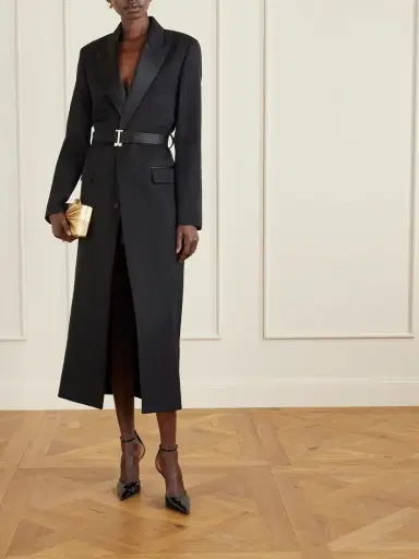 Victoria Beckham Belted Satin-trimmed Twill Coat | Thumbnail 2 Victoria Beckham Belted Satin-trimmed Twill Coat | Thumbnail 2