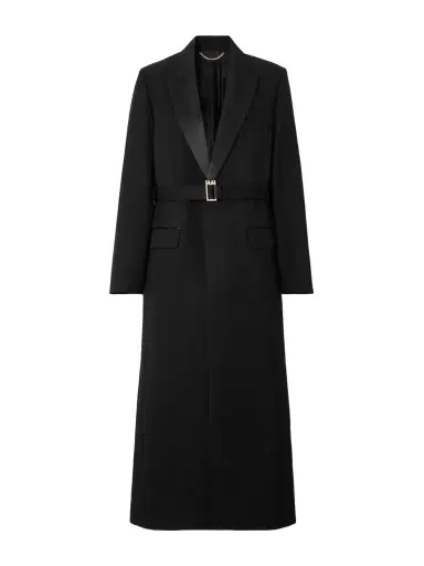 Victoria Beckham Belted Satin-trimmed Twill Coat | Thumbnail 1 Victoria Beckham Belted Satin-trimmed Twill Coat | Thumbnail 1