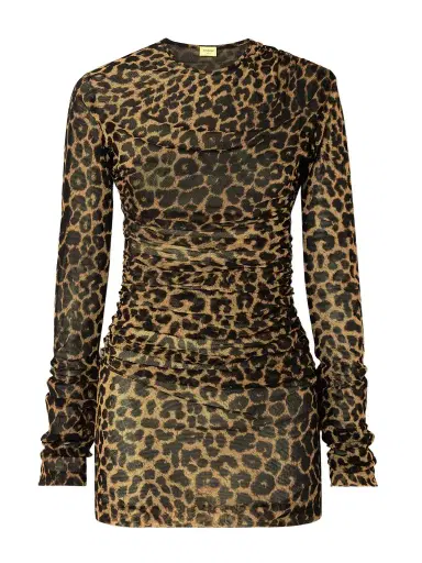 Saint Laurent Leopard-print Ruched Mesh Mini Dress | Thumbnail 1 Saint Laurent Leopard-print Ruched Mesh Mini Dress | Thumbnail 1