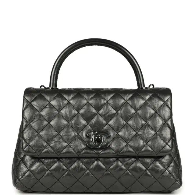 Chanel Medium Coco Top Handle Flap Bag Dark Grey Crumpled Calfskin Black Hardware Chanel Medium Coco Top Handle Flap Bag Dark Grey Crumpled Calfskin Black Hardware
