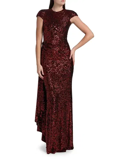 Naeem Khan Women's Sequined Draped Cap-Sleeve Gown - Red | Thumbnail 3 Naeem Khan Women's Sequined Draped Cap-Sleeve Gown - Red | Thumbnail 3