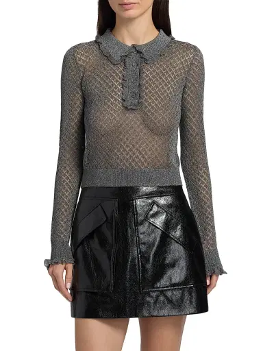 AKNVAS Women's Klara Ruffle Pointelle-Knit Polo Shirt - Gunmetal | Thumbnail 3 AKNVAS Women's Klara Ruffle Pointelle-Knit Polo Shirt - Gunmetal | Thumbnail 3