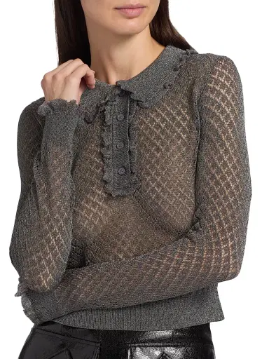 AKNVAS Women's Klara Ruffle Pointelle-Knit Polo Shirt - Gunmetal | Thumbnail 6 AKNVAS Women's Klara Ruffle Pointelle-Knit Polo Shirt - Gunmetal | Thumbnail 6