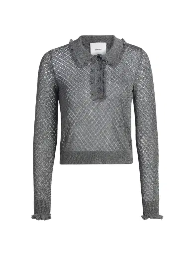 AKNVAS Women's Klara Ruffle Pointelle-Knit Polo Shirt - Gunmetal | Thumbnail 1 AKNVAS Women's Klara Ruffle Pointelle-Knit Polo Shirt - Gunmetal | Thumbnail 1