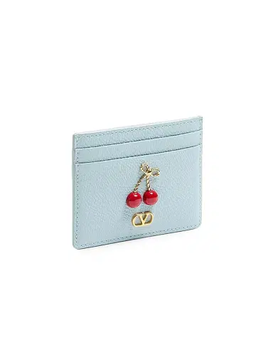 Valentino Garavani Women's Cherryfic Card Holder in Grainy Calfskin - Porcelain Blue | Thumbnail 2 Valentino Garavani Women's Cherryfic Card Holder in Grainy Calfskin - Porcelain Blue | Thumbnail 2