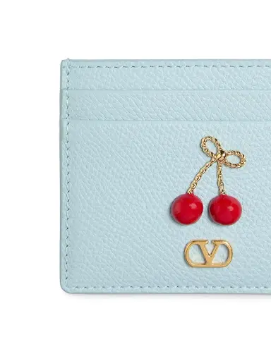 Valentino Garavani Women's Cherryfic Card Holder in Grainy Calfskin - Porcelain Blue | Thumbnail 4 Valentino Garavani Women's Cherryfic Card Holder in Grainy Calfskin - Porcelain Blue | Thumbnail 4
