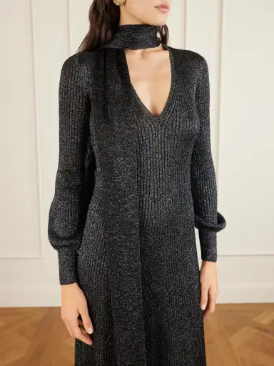 Valentino Garavani Scarf-detailed Feather-trimmed Metallic Ribbed-knit Midi Dress | Thumbnail 3 Valentino Garavani Scarf-detailed Feather-trimmed Metallic Ribbed-knit Midi Dress | Thumbnail 3