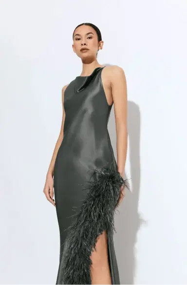 LAPOINTE Satin Halter Gown With Feathers | Thumbnail 3 LAPOINTE Satin Halter Gown With Feathers | Thumbnail 3
