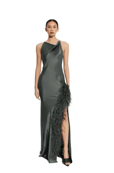 LAPOINTE Satin Halter Gown With Feathers | Thumbnail 1 LAPOINTE Satin Halter Gown With Feathers | Thumbnail 1
